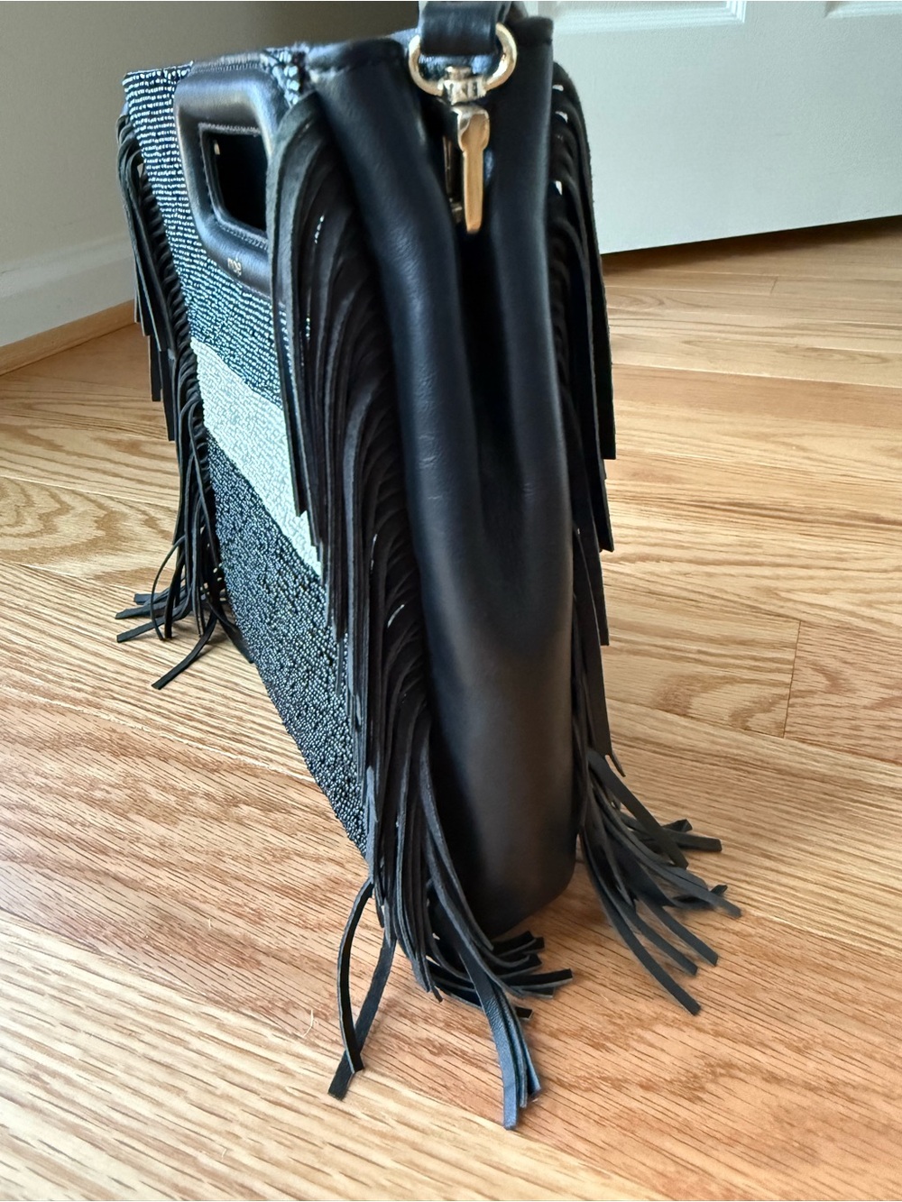 Maje Beaded Fringe M Bag Crossbody Navy Ivory Black Sheep Leather Cutout Handle - Picture 10 of 10